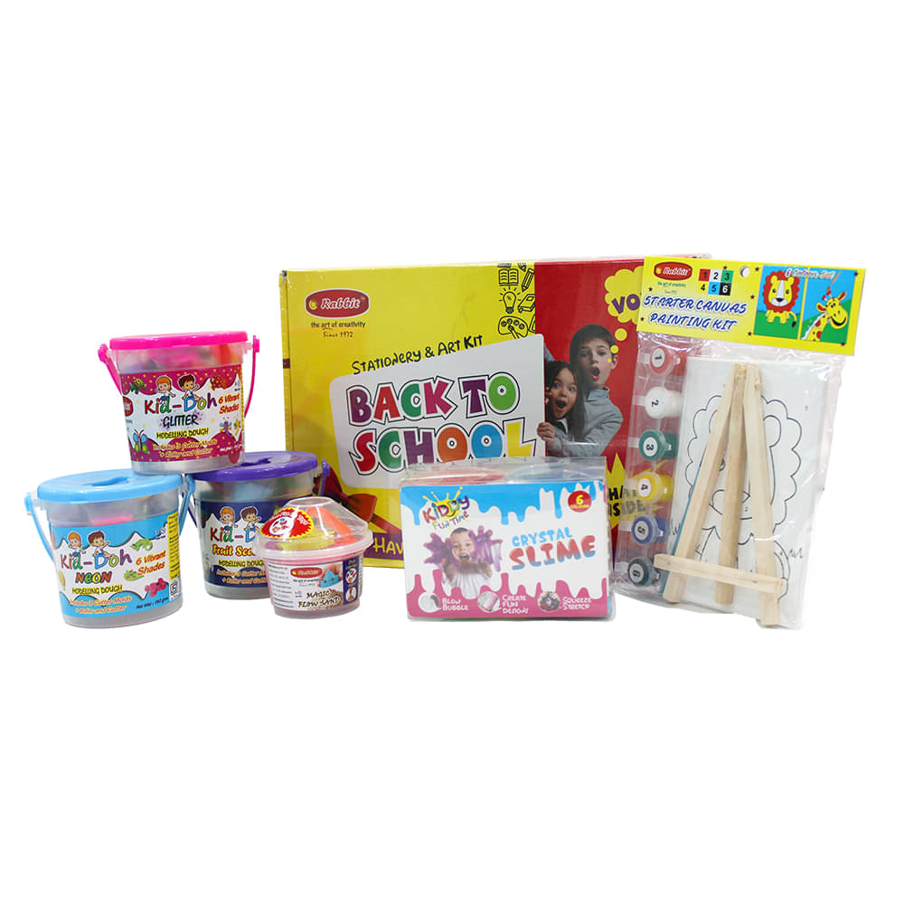 Rabbit Back To School Starter Kit+ Kiddy Crystal Slime pack of 6+ Kid Doh Fruit Scented+Kid Doh Neon+ Kid Doh Glitter+ Starter Canvas Kit 4*6+ Play Sand 100g| Stationery and Art Kit for Kids Rabbit Back To School Starter Kit+ Kiddy Crystal Slime pack of 6+ Kid Doh Fruit Scented+Kid Doh Neon+ Kid Doh Glitter+ Starter Canvas Kit 4*6+ Play Sand 100g| Stationery and Art Kit for Kids