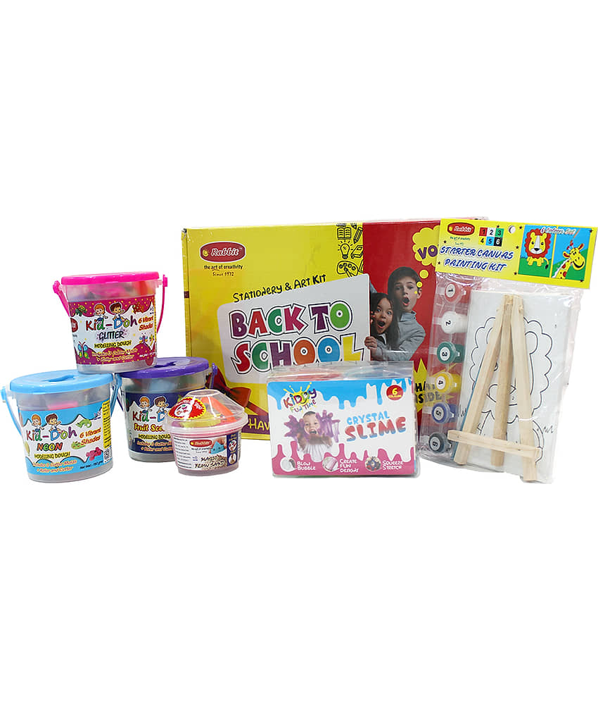 Rabbit Back To School Starter Kit+ Kiddy Crystal Slime pack of 6+ Kid Doh Fruit Scented+Kid Doh Neon+ Kid Doh Glitter+ Starter Canvas Kit 4*6+ Play Sand 100g| Stationery and Art Kit for Kids - Stationery | Buy online on ZillyBuy