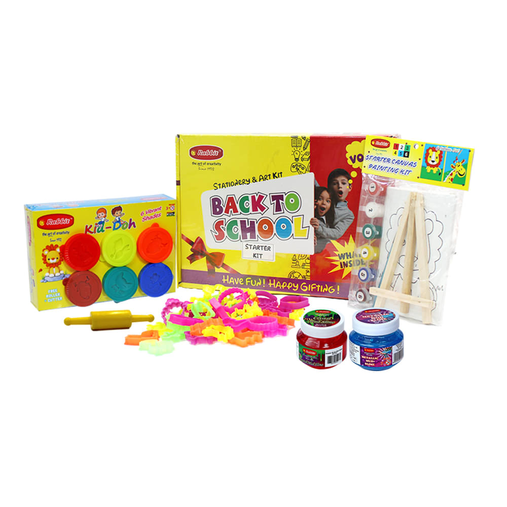     			Rabbit Back To School Starter Kit+ Kid Doh Joy Pack+24 Molding Toys & Belan+  Slime Crystal Mud Slime(100g)+ Metallic Mud Slime(100g)+Starter Canvas Kit 4*6| Stationery & Art Kit For KIds| Modelling dough with Toy Set| Jelly Toys|