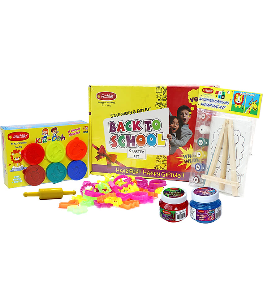 Rabbit Back To School Starter Kit+ Kid Doh Joy Pack+24 Molding Toys & Belan+ Slime Crystal Mud Slime(100g)+ Metallic Mud Slime(100g)+Starter Canvas Kit 4*6| Stationery & Art Kit For KIds| Modelling dough with Toy Set| Jelly Toys| - Stationery | Buy online on ZillyBuy