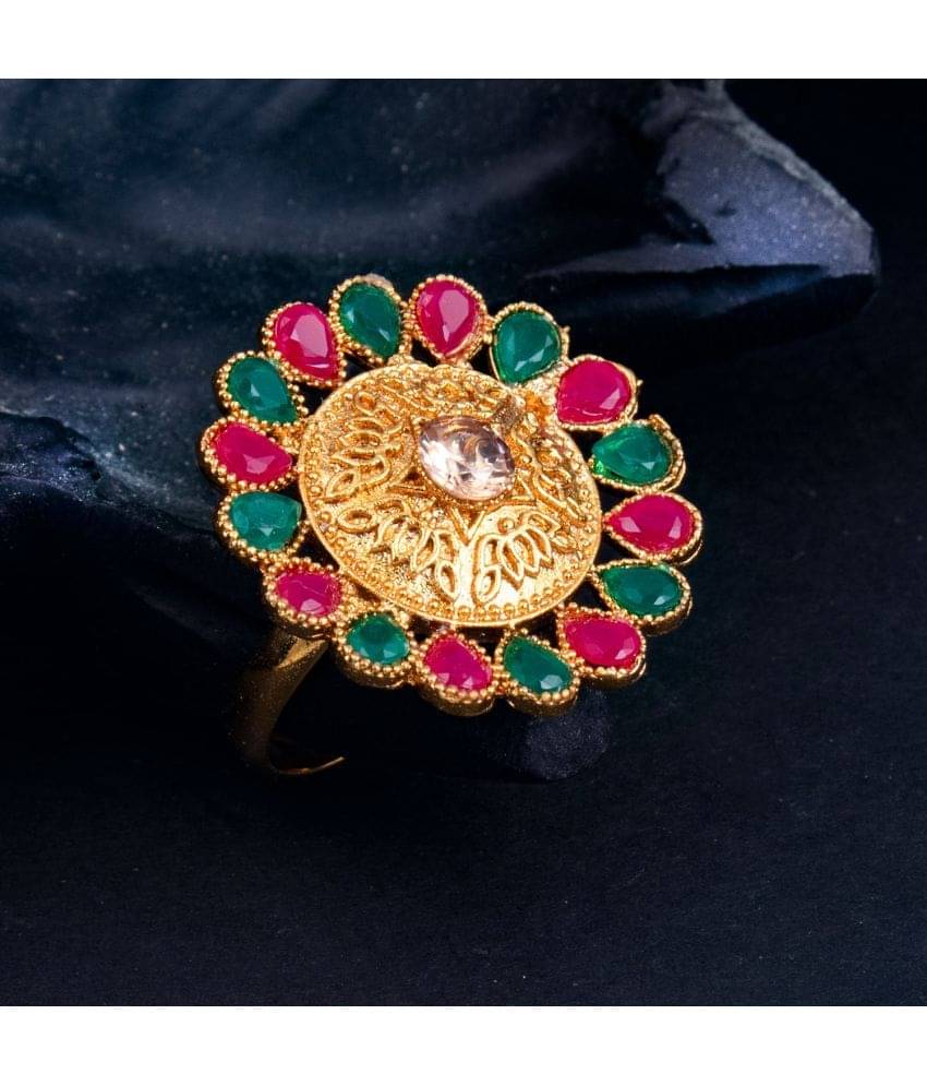     			Sukkhi Stunning LotusLotus Floral Gold Plated Colour Stone Adjustable Ring For Women