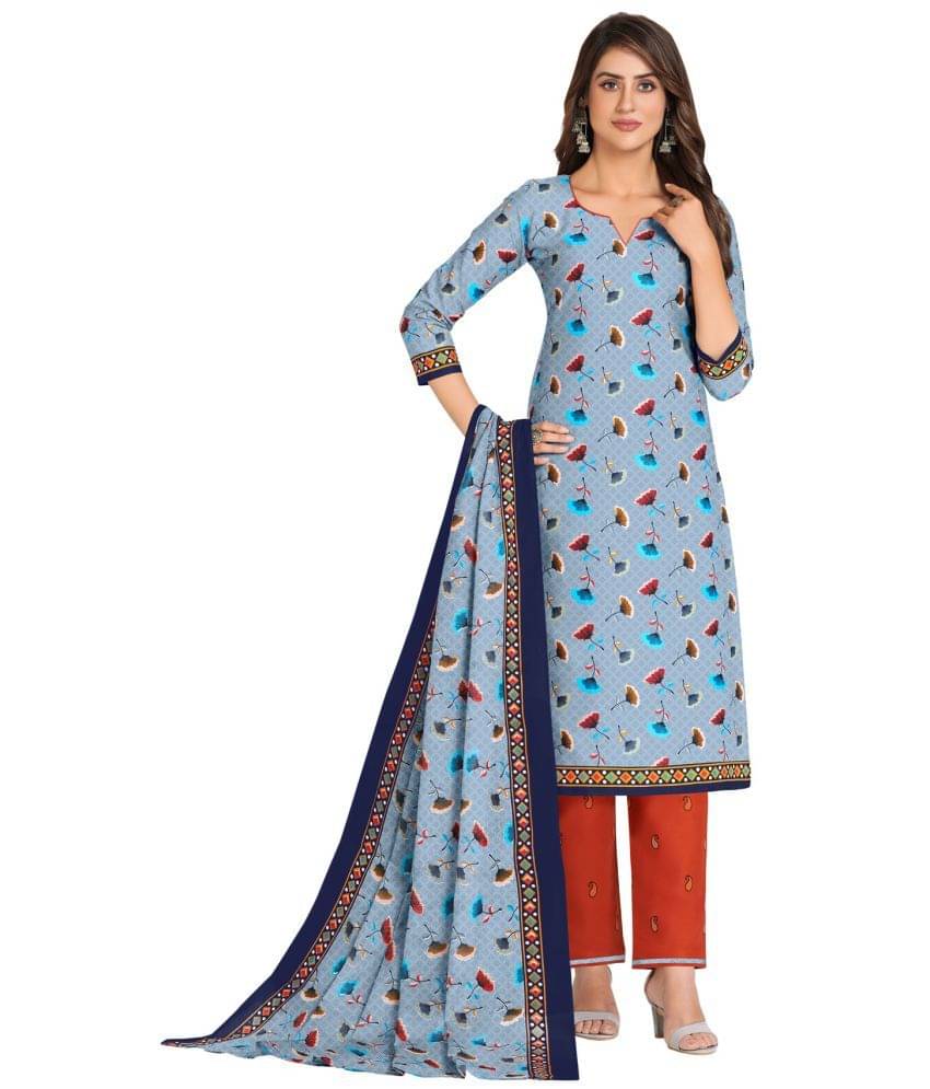 shree jeenmata collection Blue Cotton Unstitched Dress Material - Single     			shree jeenmata collection Blue Cotton Unstitched Dress Material - Single