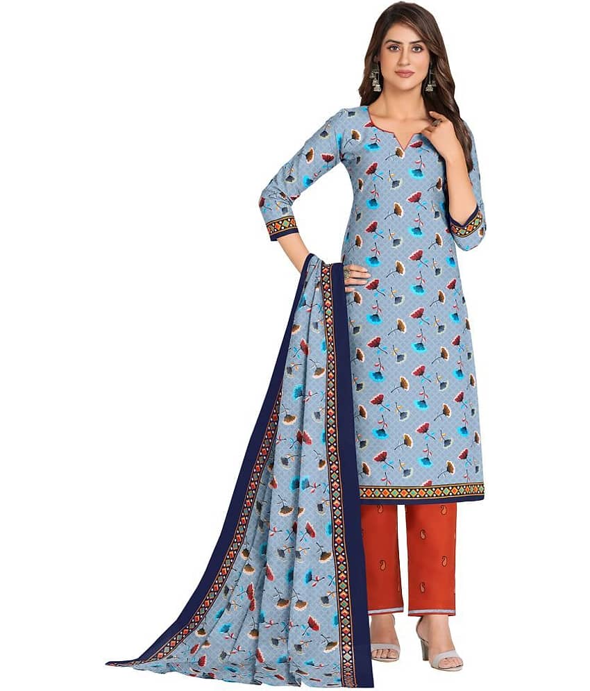 shree jeenmata collection Blue Cotton Unstitched Dress Material - Single - Unstitched Fabrics | Buy online on ZillyBuy