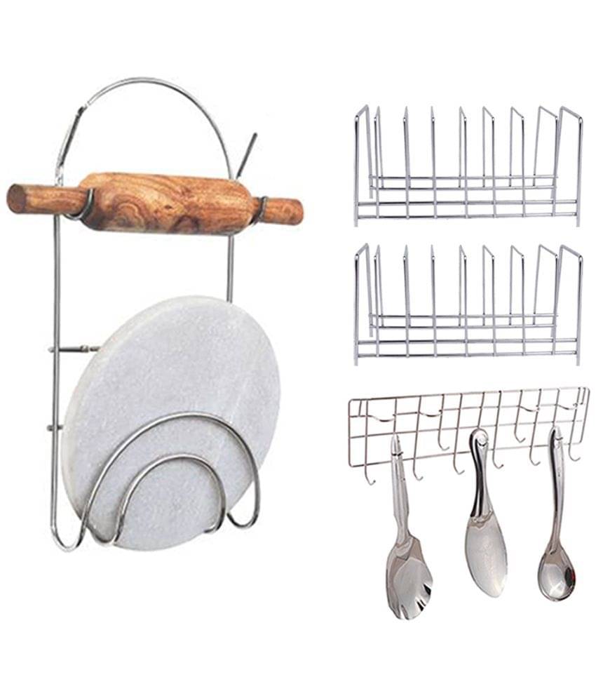     			JISUN Stainless Steel Plate Stand / Dish Rack Steel (Pack of 2) & Chakla Belan Stand & Ladle Hook Rail / Wall Mounted Ladle Stand For Kitchen