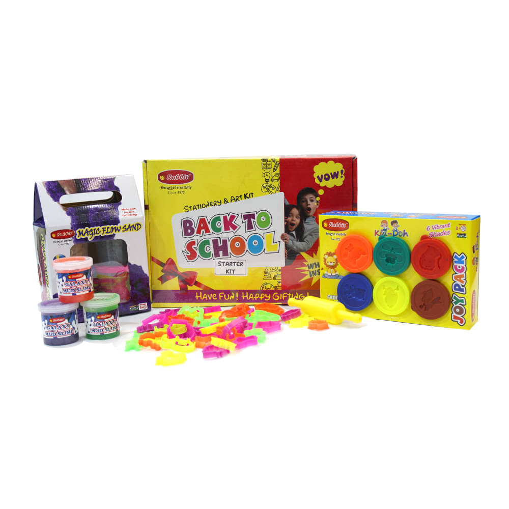     			Rabbit Back To School Starter Kit + Kid Doh Joy Pack+ 24 Molding Toy Set & belan+ 3 Galaxy Mud Slime+ Magic FLow Sand Gift Pack|Kids Playing Sand| Kinetic Sand for kids with Shapes| Play Doh| Modelling dough for Kids|Stationery and Art Kit|Age 4+