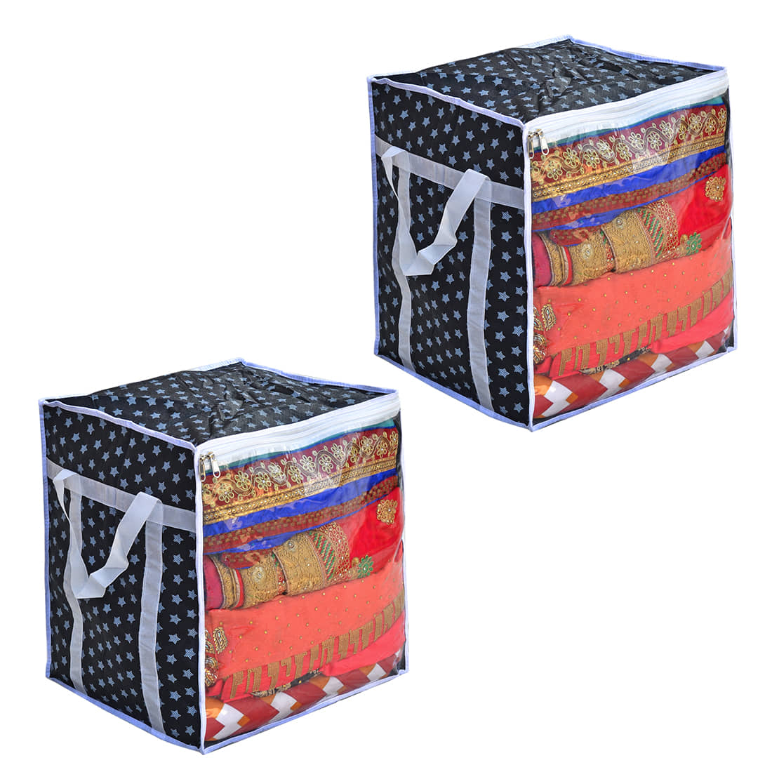 Sh Nasima L Saree Cover / sari organizer with handles and transparent front ( 15*12*15 In),(Pack of 2)