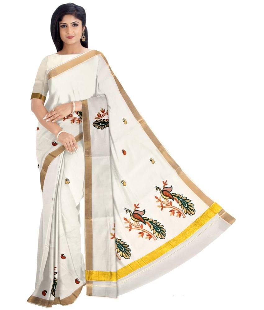     			BRINDAVAN CREATIONS Kerela Cotton Saree With Unstitched Blouse Piece ( Beige )