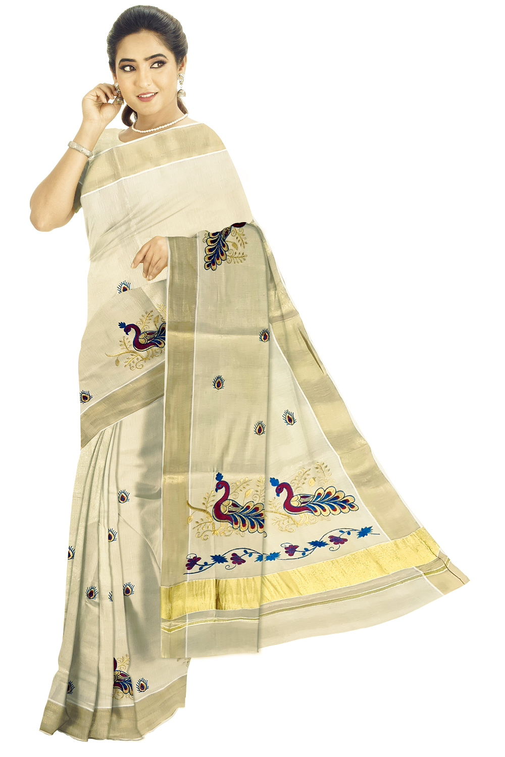     			BRINDAVAN CREATIONS Kerela Cotton Saree With Unstitched Blouse Piece ( Gold )