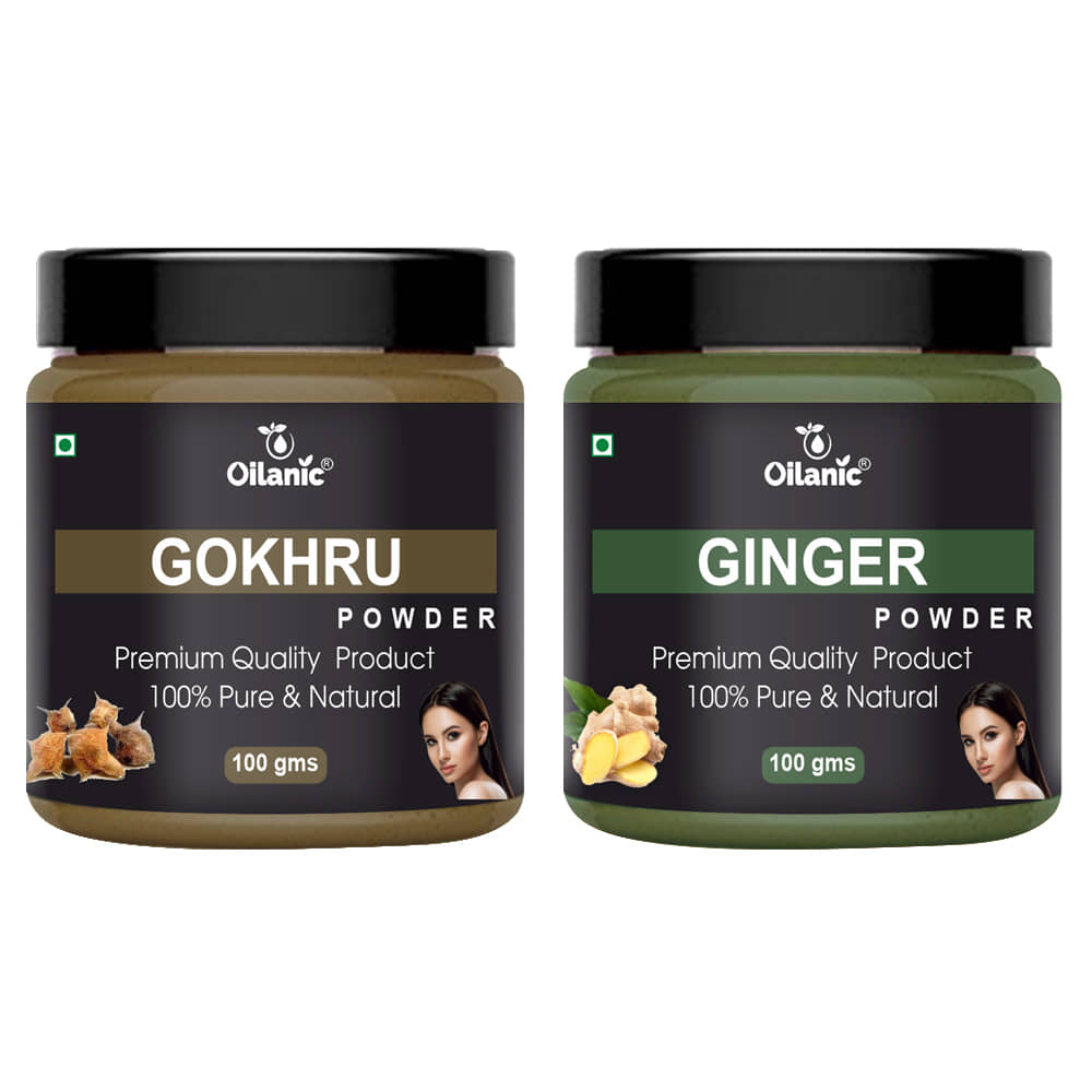 Oilanic 100% Pure Gokhru Powder & Ginger Powder For Skincare Hair Mask 200 g Pack of 2