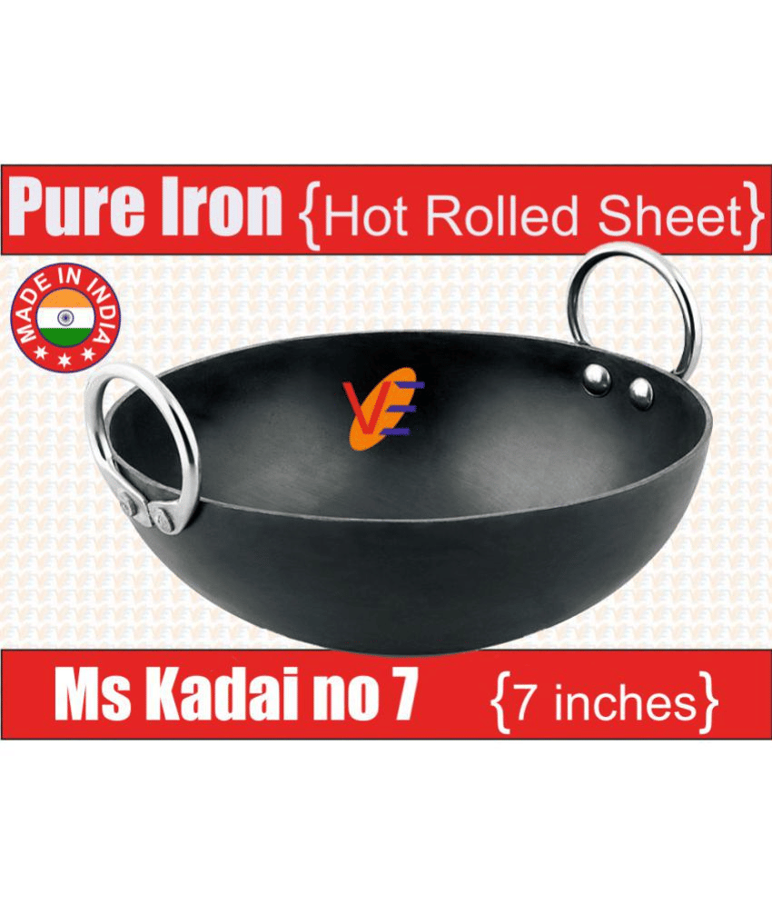 Ms Pure Iron/Loha Black Deep Kadai/Wok With Double Sided SS Ring Handles No-7 (Dia-7 Inches, Cap.-0.75 Litres) - Cookware | Buy online on ZillyBuy