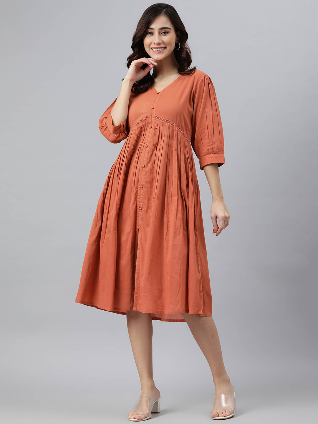 Janasya Women Cotton Fit & Flare Dress ( Orange ) Janasya Women Cotton Fit & Flare Dress ( Orange )
