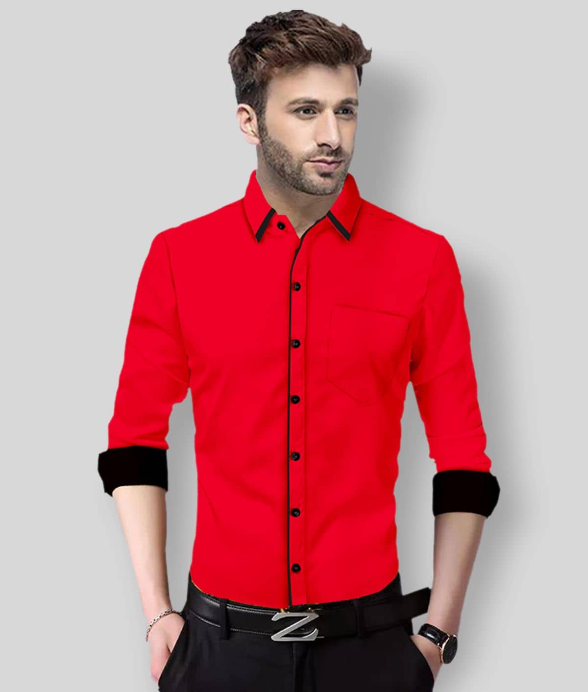 P&V - Red Cotton Slim Fit Men's Casual Shirt (Pack of 1 )