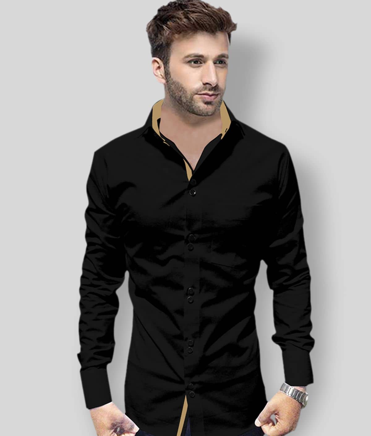 P&V - Black Cotton Slim Fit Men's Casual Shirt (Pack of 1 )