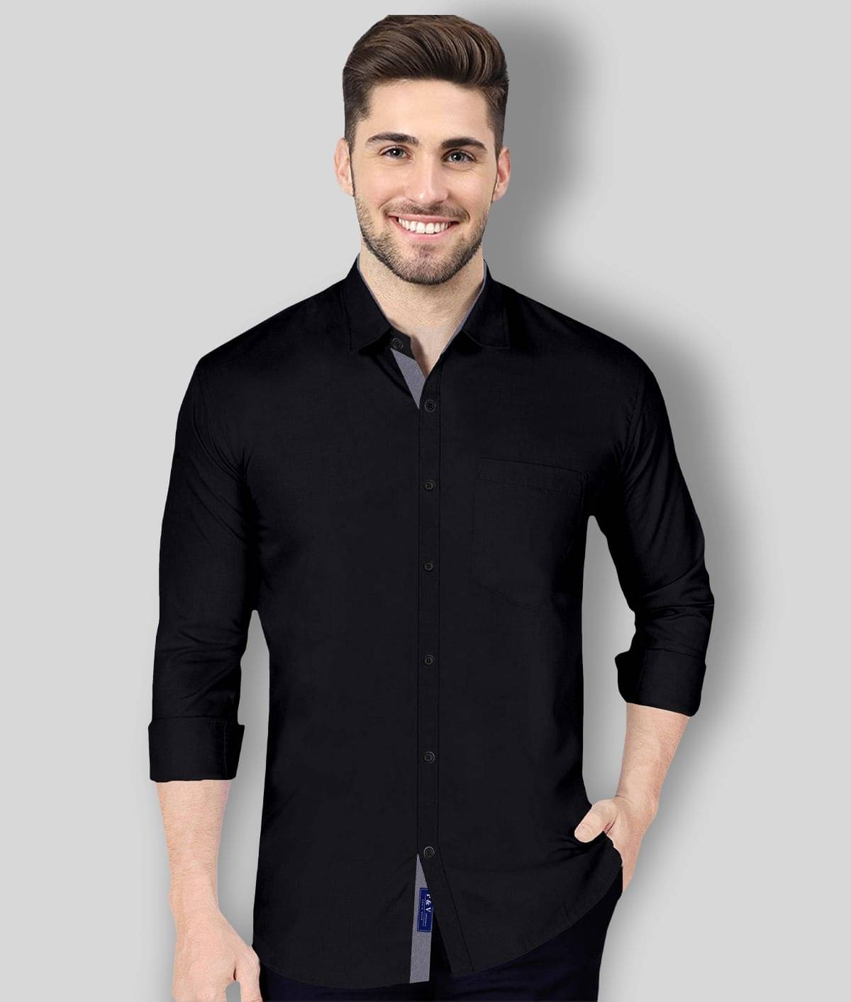 P&V CREATIONS - Black Cotton Blend Regular Fit Men's Casual Shirt (Pack of 1)     			P&V CREATIONS - Black Cotton Blend Regular Fit Men's Casual Shirt (Pack of 1)