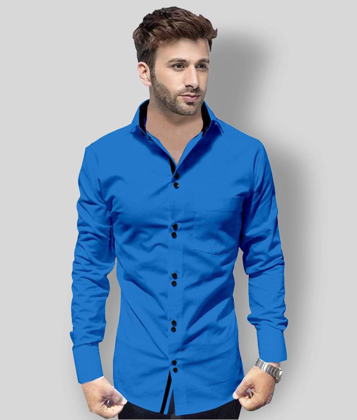 P&V - Blue Cotton Blend Slim Fit Men's Casual Shirt (Pack of 1) P&V - Blue Cotton Blend Slim Fit Men's Casual Shirt (Pack of 1)