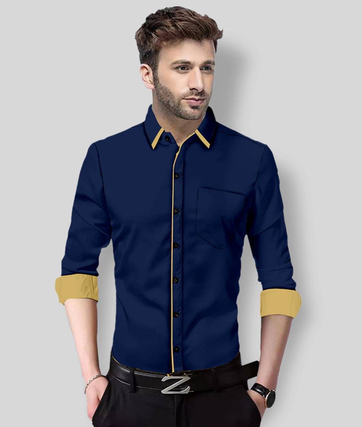 P&V - Blue Cotton Blend Slim Fit Men's Casual Shirt (Pack of 1)     			P&V - Blue Cotton Blend Slim Fit Men's Casual Shirt (Pack of 1)