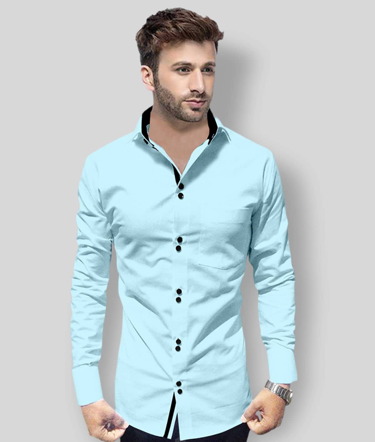 P&V - Blue Cotton Blend Slim Fit Men's Casual Shirt (Pack of 1)