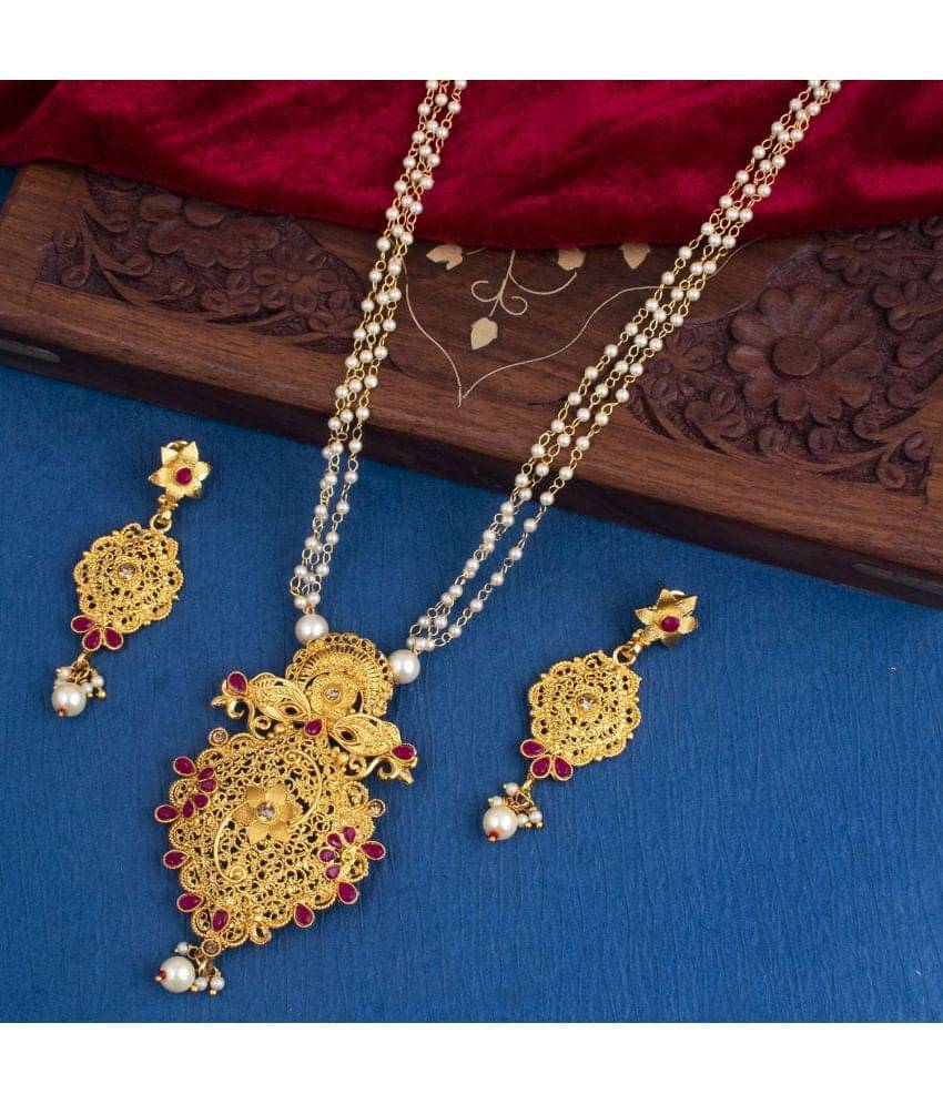     			Sukkhi Brass Golden Traditional Necklaces Set Long Haram