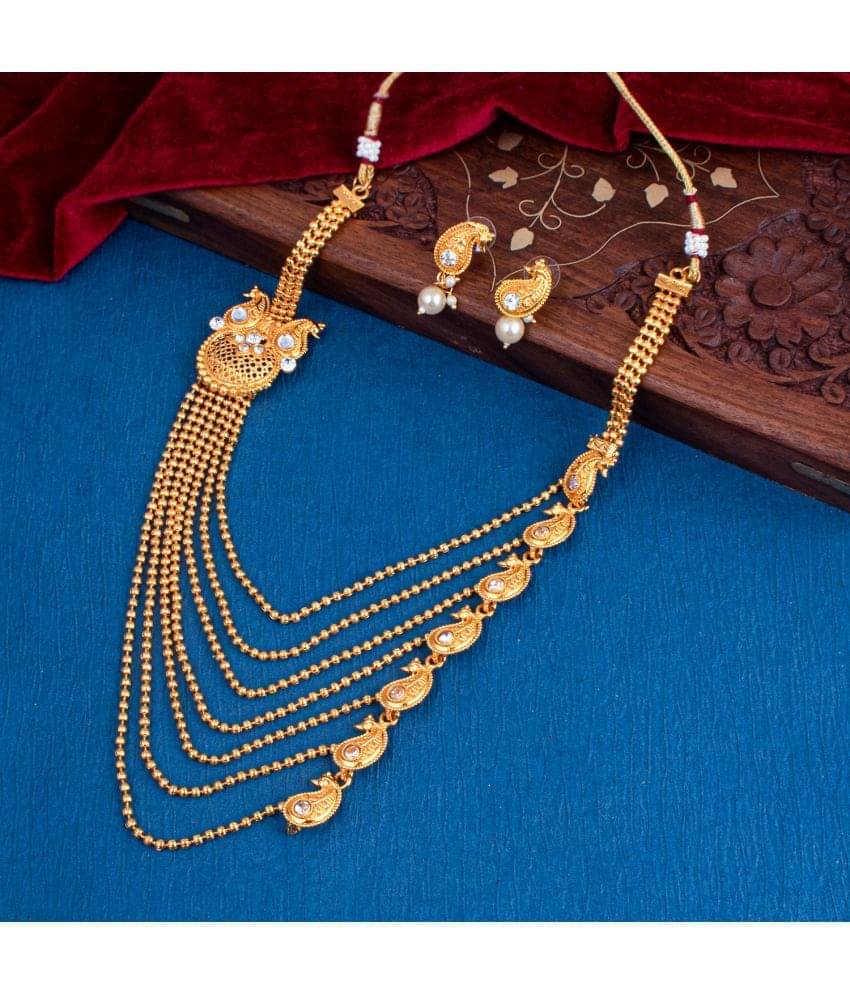     			Sukkhi Brass Golden Traditional Necklaces Set Long Haram