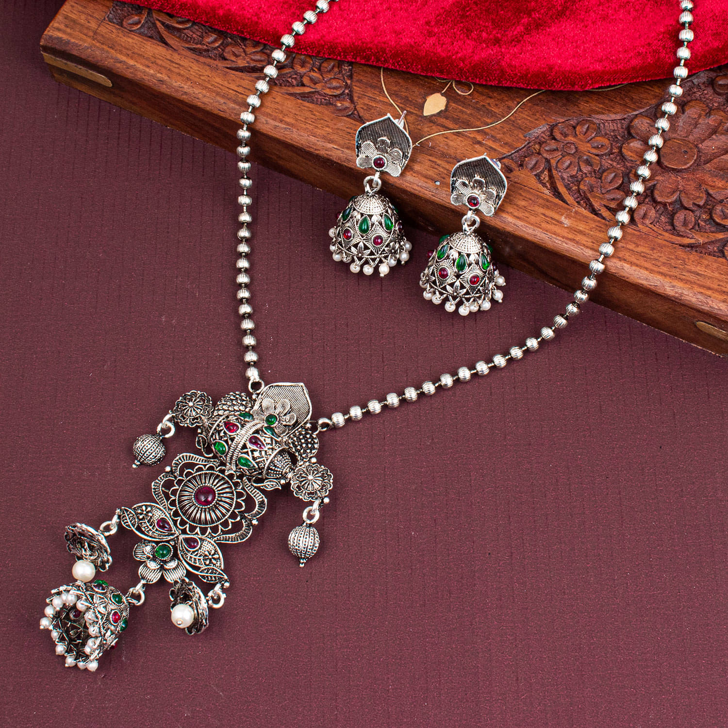     			Sukkhi Brass Silver Traditional Necklaces Set Long Haram