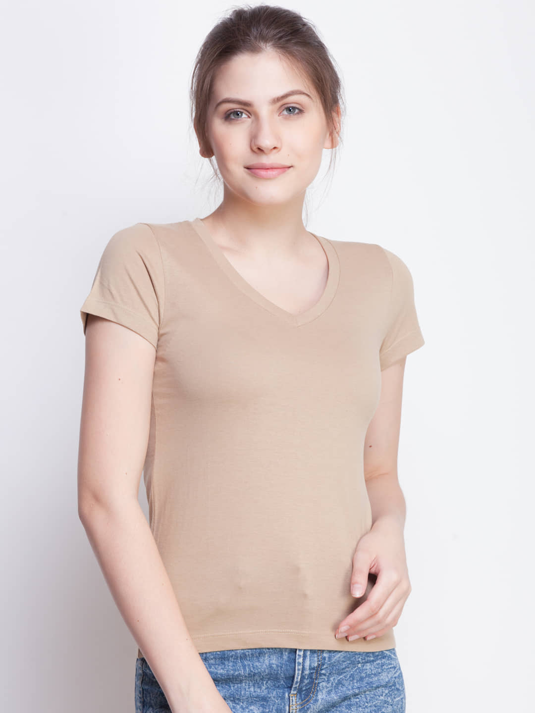 Dollar Missy Women Cotton Solid Regular Fit Round Neck T-Shirt ( Beige )