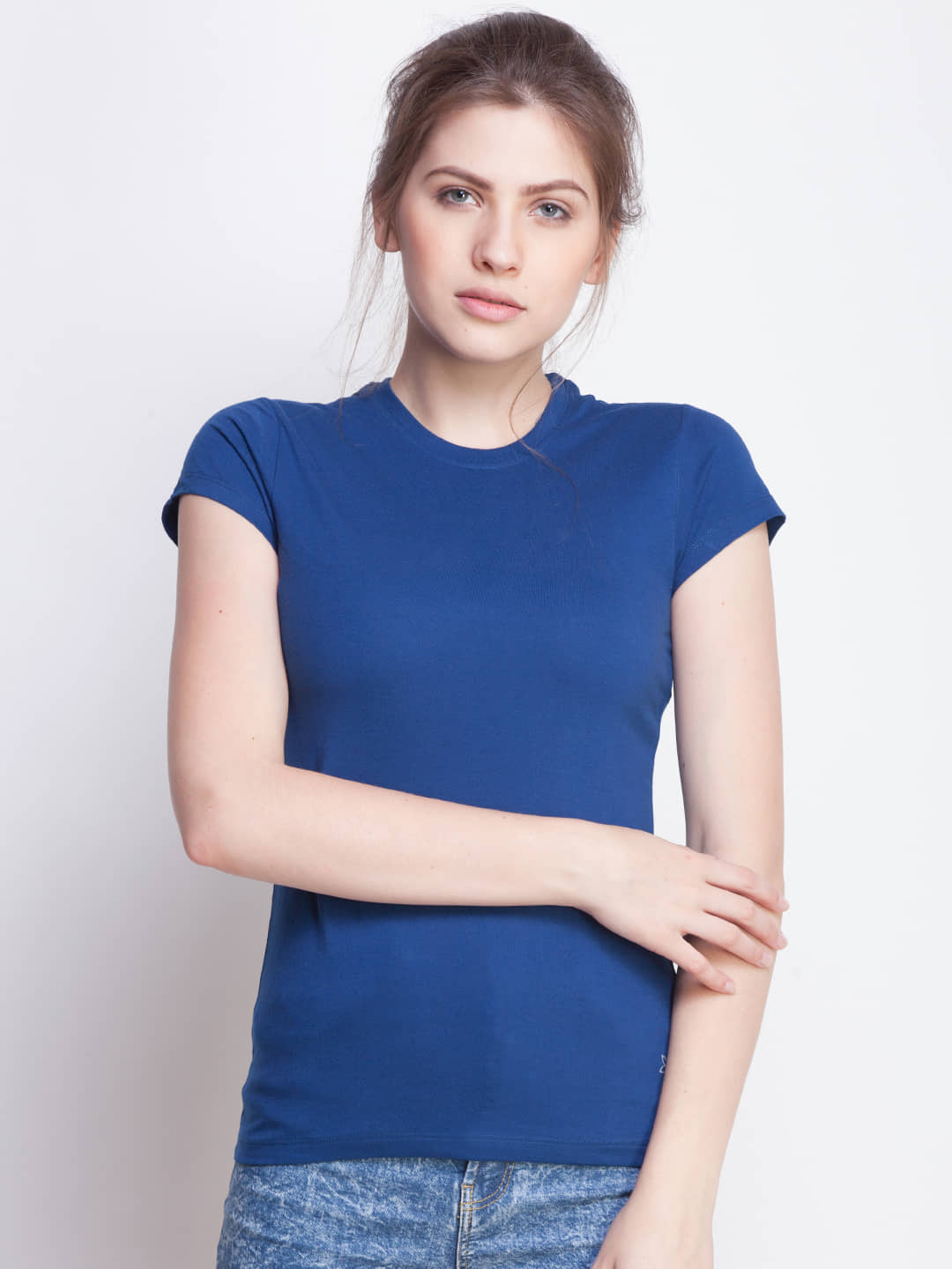 Dollar Missy Women Cotton Solid Regular Fit Round Neck T-Shirt ( Blue )