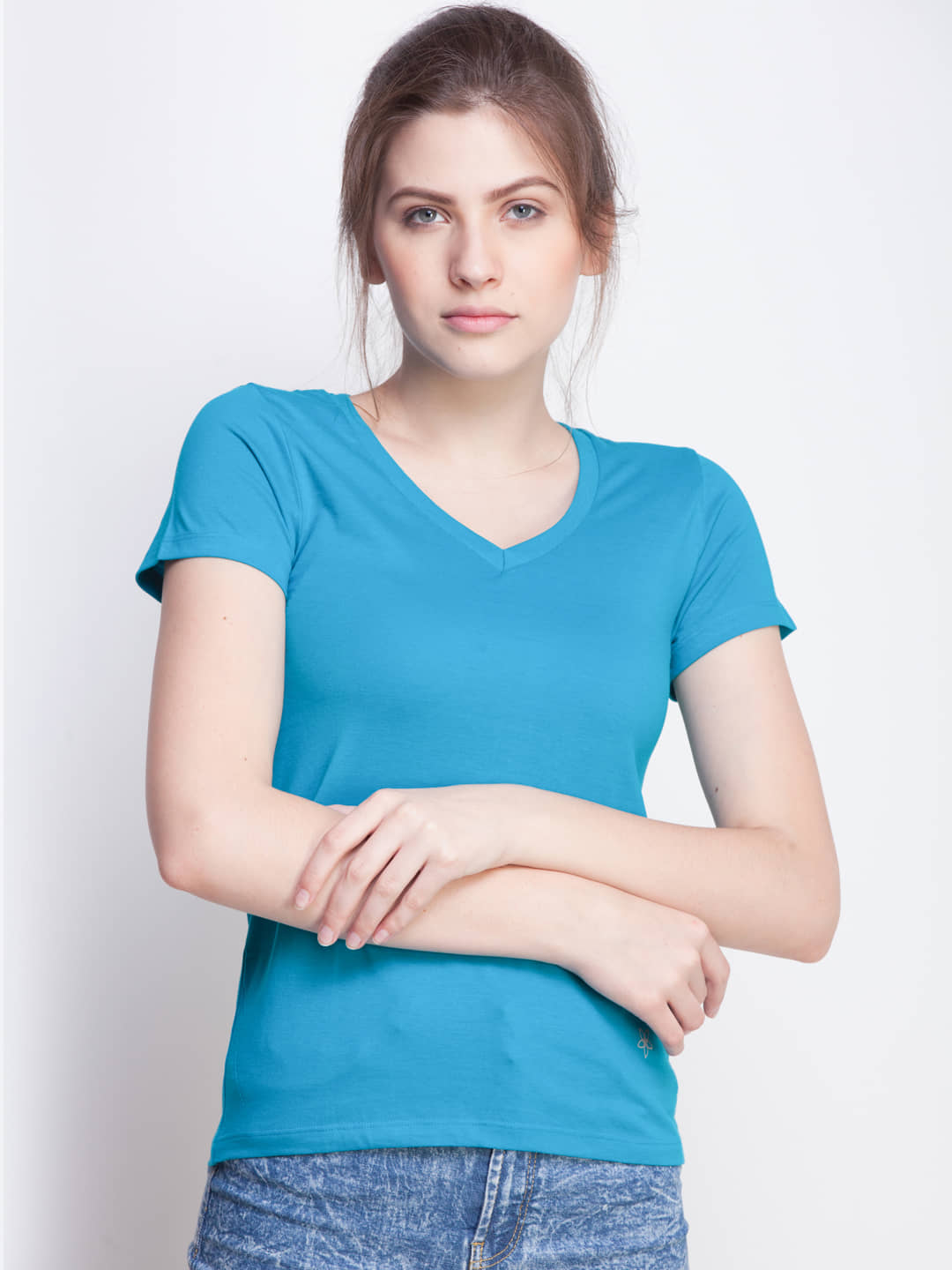 Dollar Missy Women Cotton Solid Regular Fit Round Neck T-Shirt ( Blue )