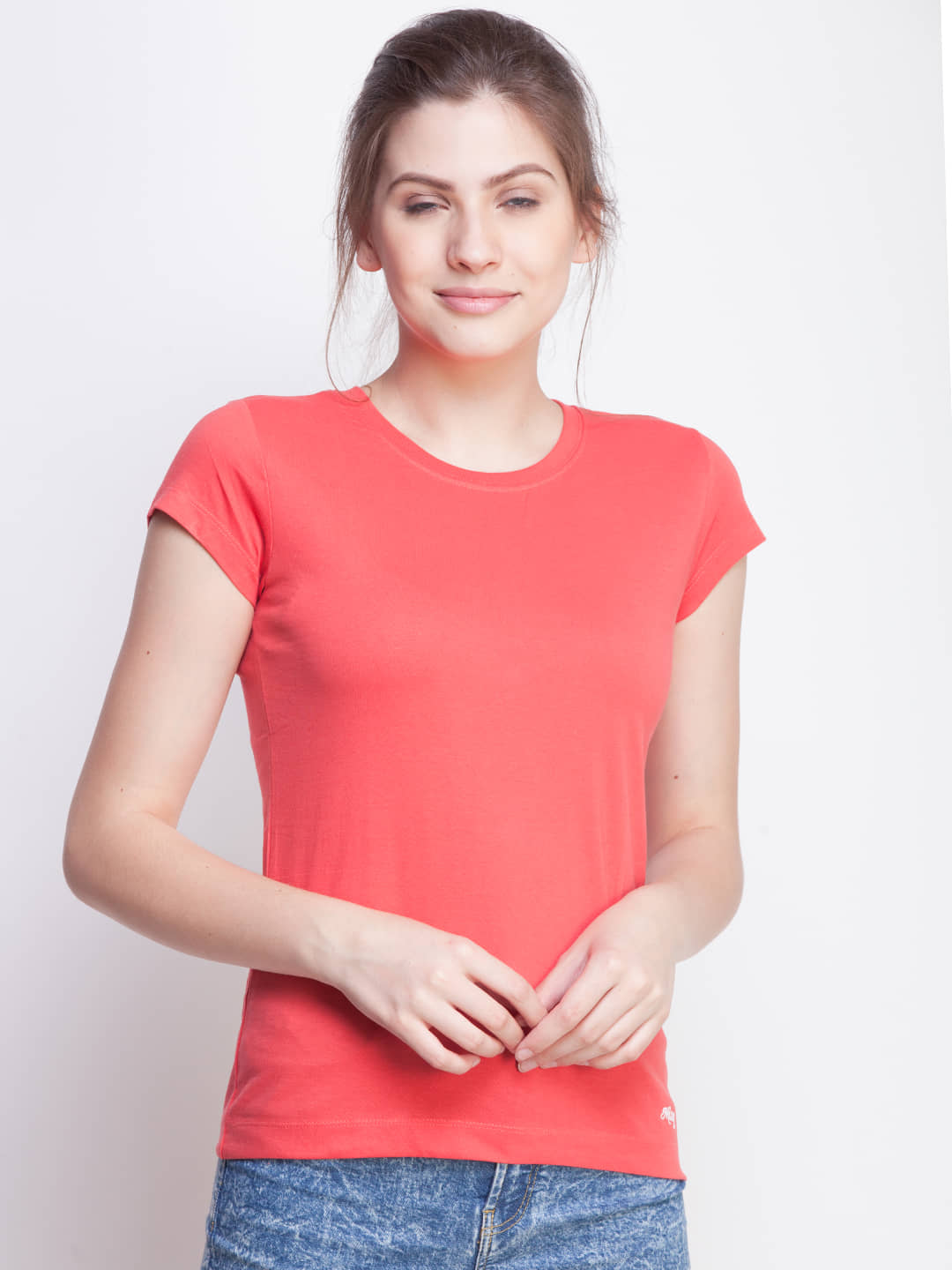 Dollar Missy Women Cotton Solid Regular Fit Round Neck T-Shirt ( Orange )