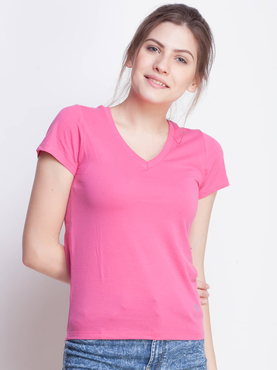 Dollar Missy Women Cotton Solid Regular Fit Round Neck T-Shirt ( Pink )