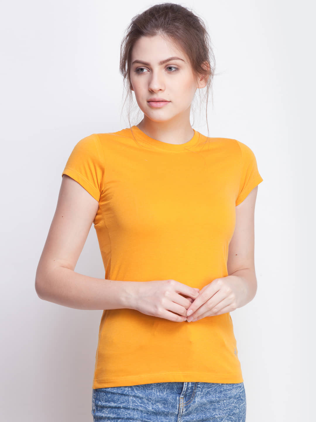 Dollar Missy Women Cotton Solid Regular Fit Round Neck T-Shirt ( Yellow )