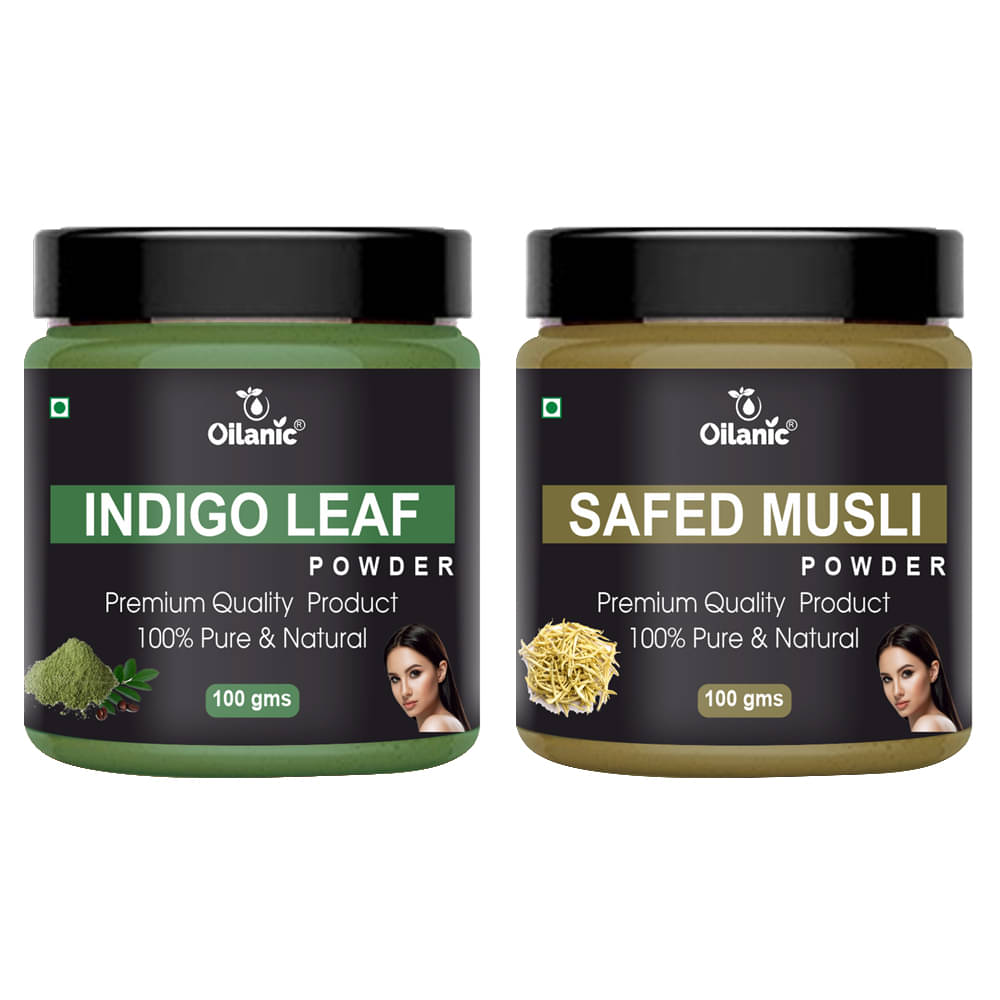 Oilanic 100% Pure Indigo Leaf Powder & Safed Musli Powder For Skin Hair Mask 200 g Pack of 2     			Oilanic 100% Pure Indigo Leaf Powder & Safed Musli Powder For Skin Hair Mask 200 g Pack of 2