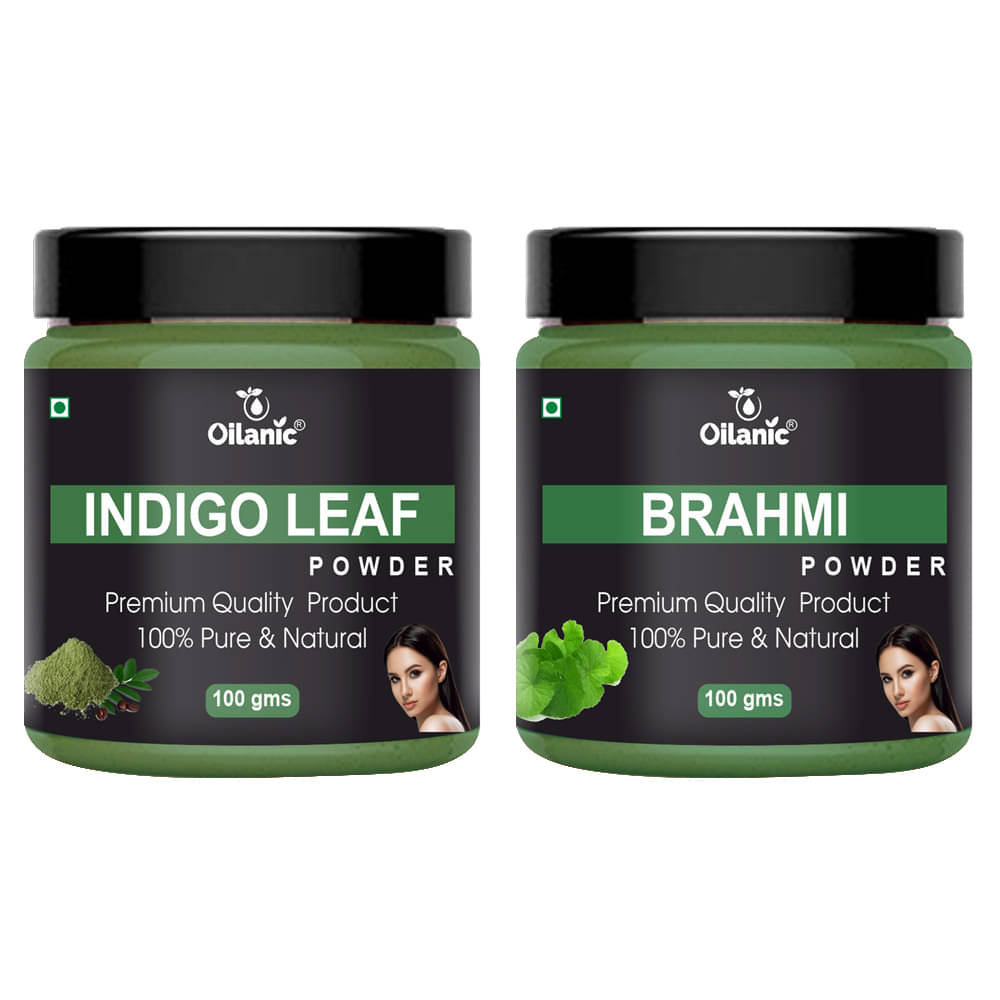 Oilanic 100% Pure Indigo Leaf Powder & Brahmi Powder For Skincare Hair Mask 200 g Pack of 2 Oilanic 100% Pure Indigo Leaf Powder & Brahmi Powder For Skincare Hair Mask 200 g Pack of 2