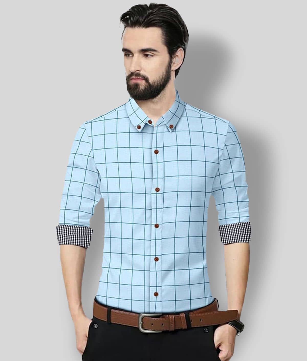 P&V - Turquoise Cotton Blend Regular Fit Men's Formal Shirt ( Pack of 1 )