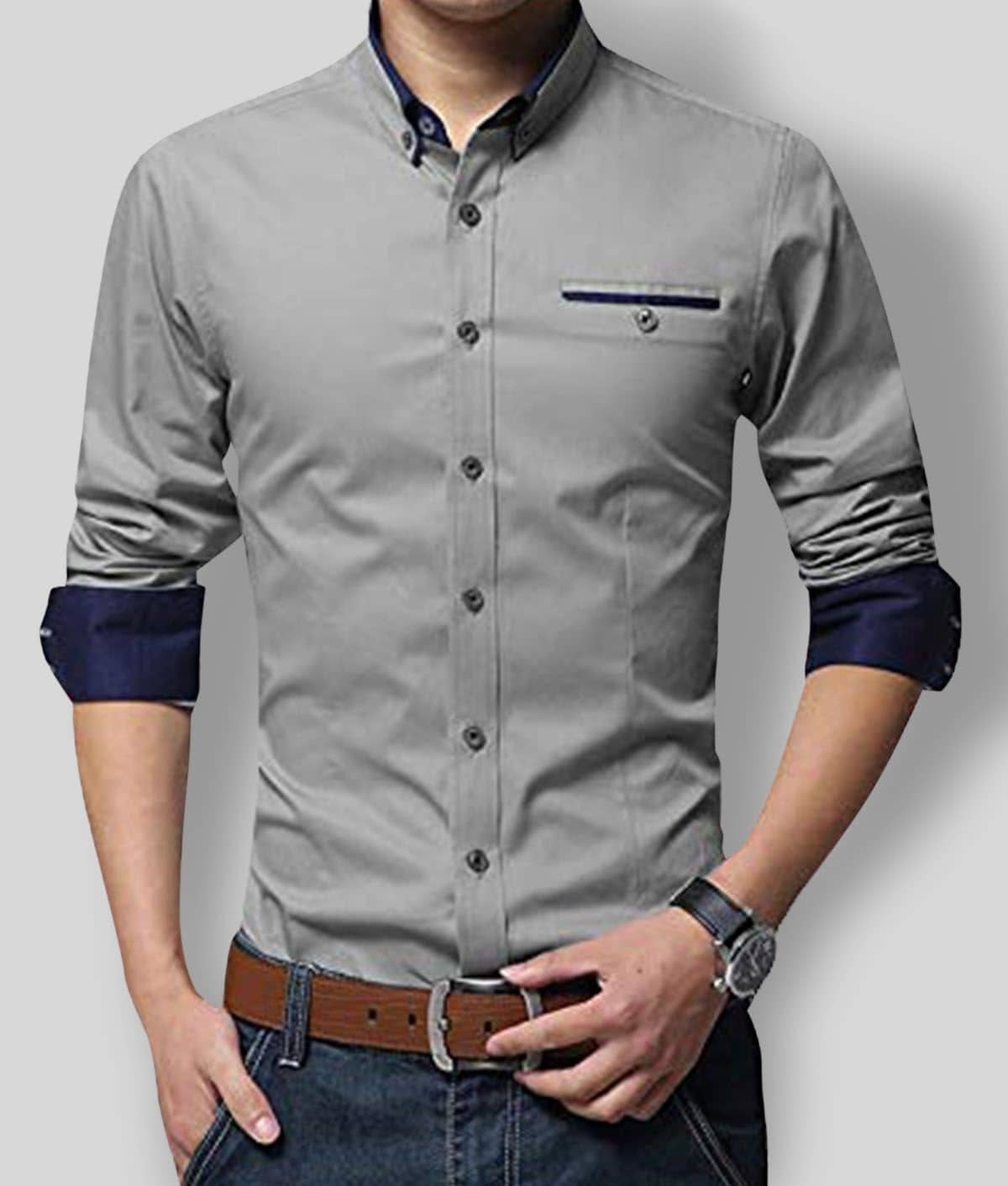 P&V - Grey Cotton Blend Regular Fit Men's Casual Shirt (Pack of 1)