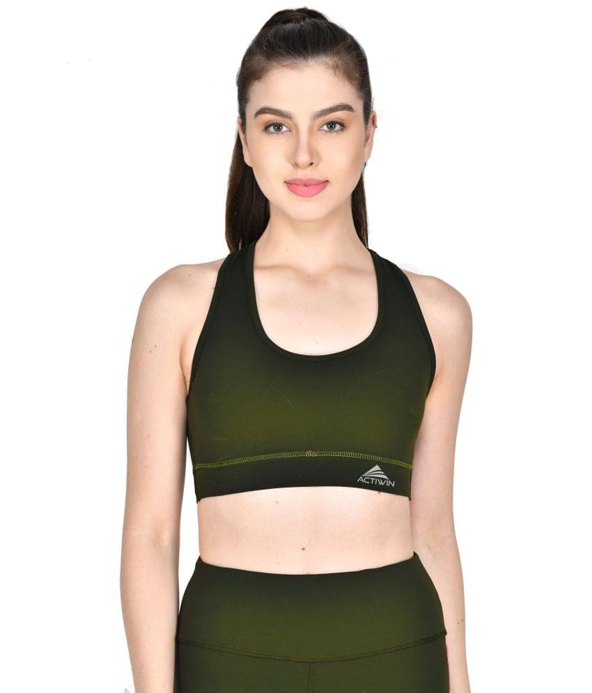     			ACTIWIN Olive Green Polyester Lycra Solid Sports Bra - Single