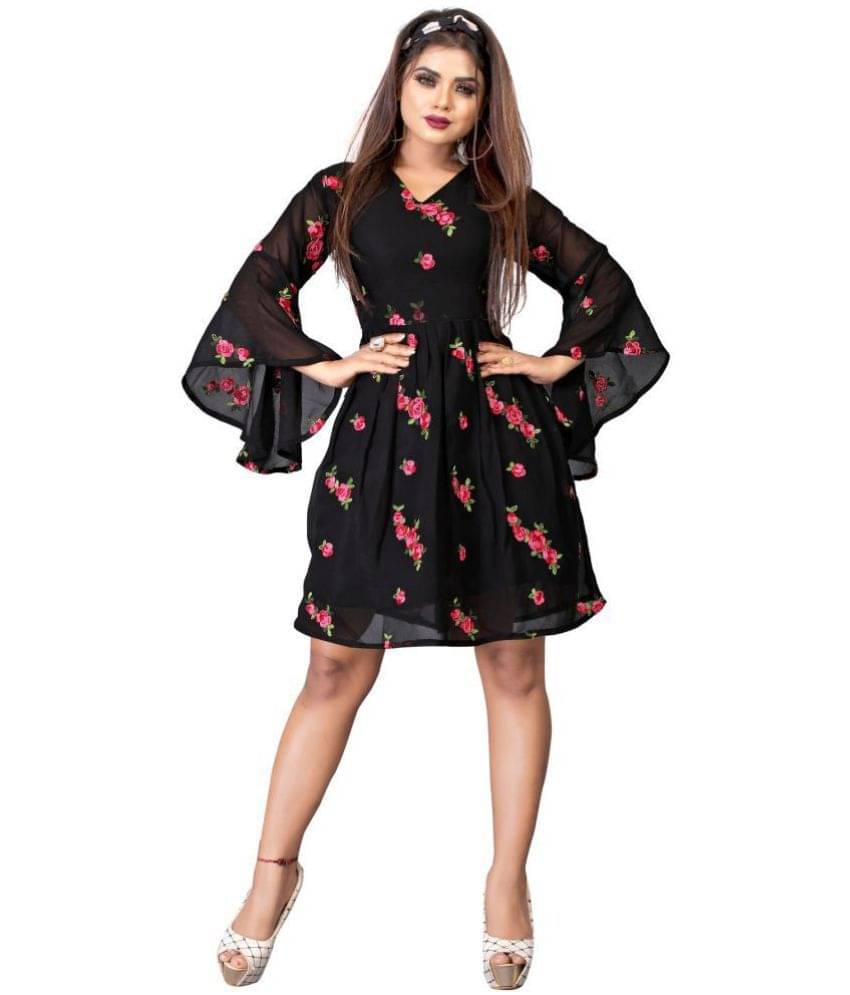 Aika Women Georgette Fit & Flare Dress ( Black ) Aika Women Georgette Fit & Flare Dress ( Black )
