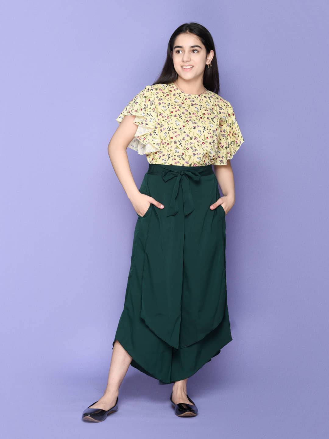 Floral Flutter Sleeve Yellow Top with Teal Stylish Long Skirt Set