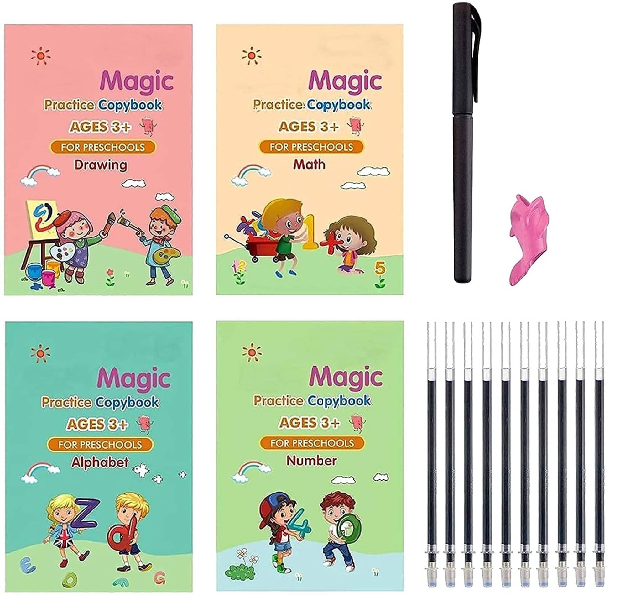 Magic Practice Copybook, Number Tracing Book for Preschoolers with Pen, (4 BOOK + 10 REFILL) Magic Calligraphy Copybook Set Practical Reusable Writing Tool Simple Hand Lettering Magic Practice Copybook, Number Tracing Book for Preschoolers with Pen, (4 BOOK + 10 REFILL) Magic Calligraphy Copybook Set Practical Reusable Writing Tool Simple Hand Lettering