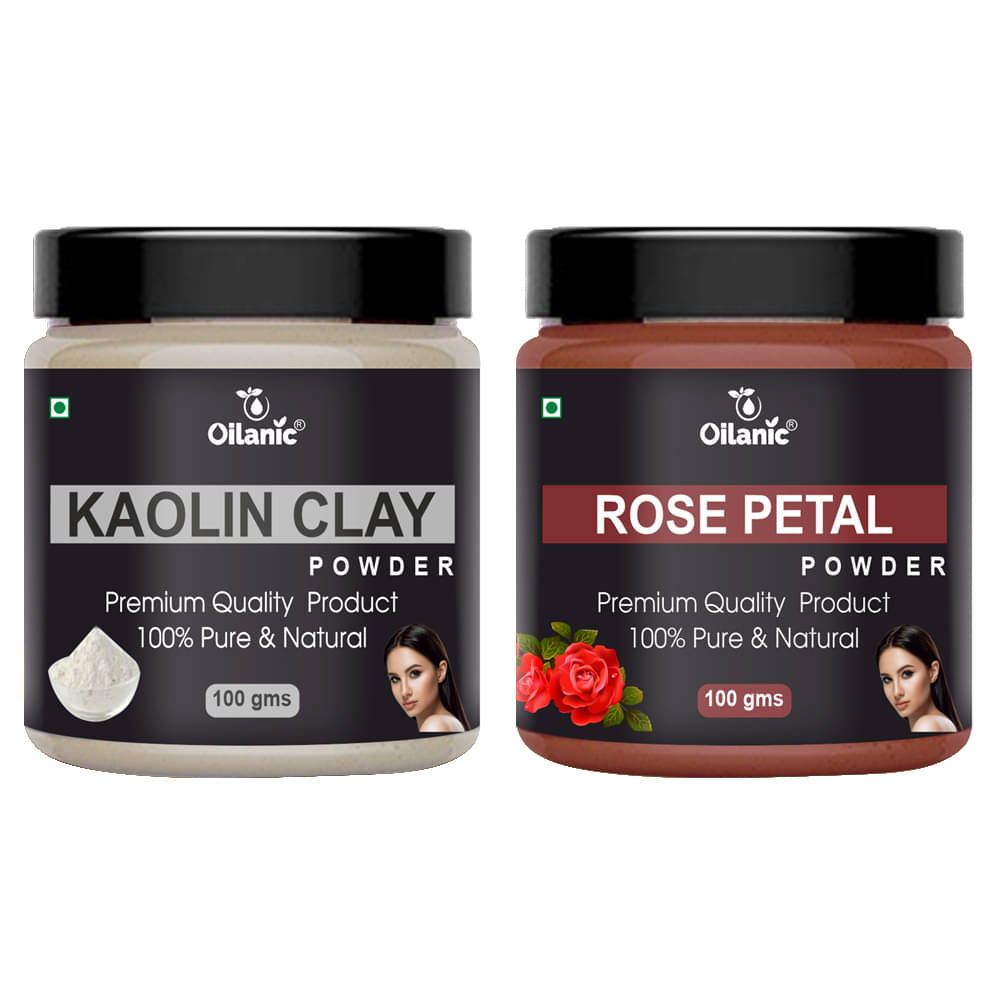 Oilanic 100% Pure Kaolin Clay Powder & Rose Petal Powder For Skin Hair Mask 200 g Pack of 2 Oilanic 100% Pure Kaolin Clay Powder & Rose Petal Powder For Skin Hair Mask 200 g Pack of 2