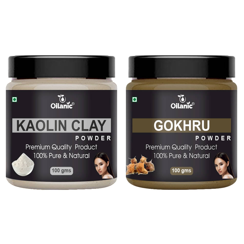     			Oilanic 100% Pure Kaolin Clay Powder & Gokhru Powder For Skin Hair Mask 200 g Pack of 2