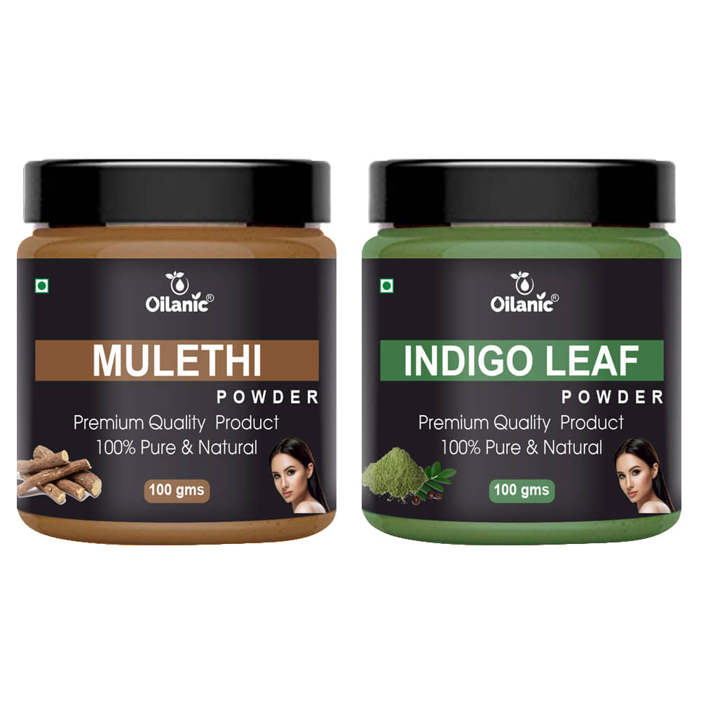 Oilanic 100% Pure Mulethi Powder & Indigo Leaf Powder For Skin Hair Mask 200 g Pack of 2