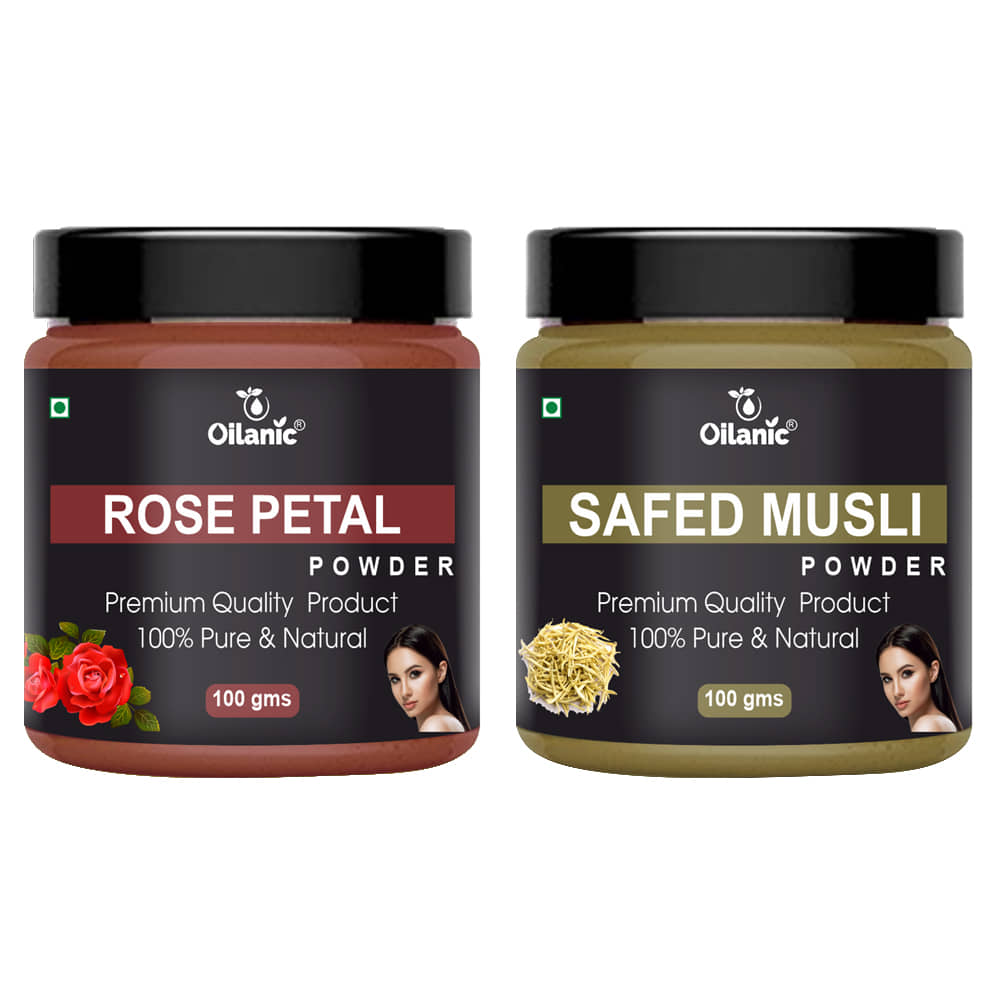 Oilanic 100% Pure Rose Petal Powder & Safed Musli Powder For Skin Hair Mask 200 g Pack of 2