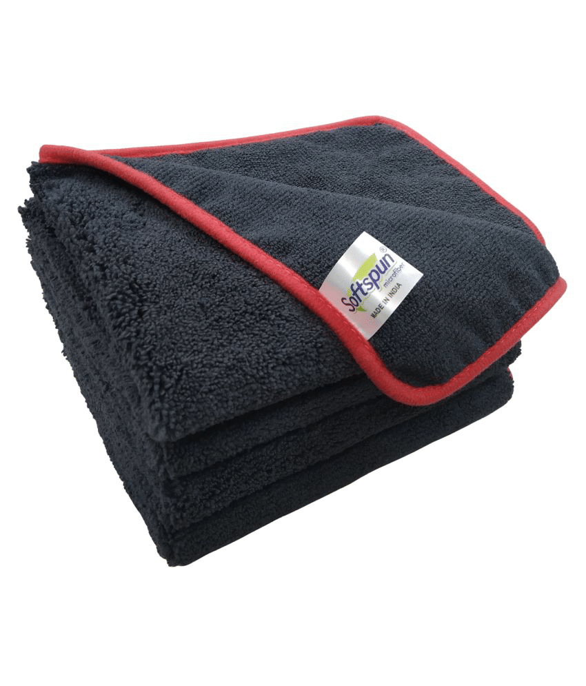 SOFTSPUN Microfiber High, Loop Silk Banded Edges,Car Cleaning Cloths, 40x40cms 4pcs (Black) Towel Set 380 GSM Highly Absorbent, Multi-Purpose Cleaning Cloth