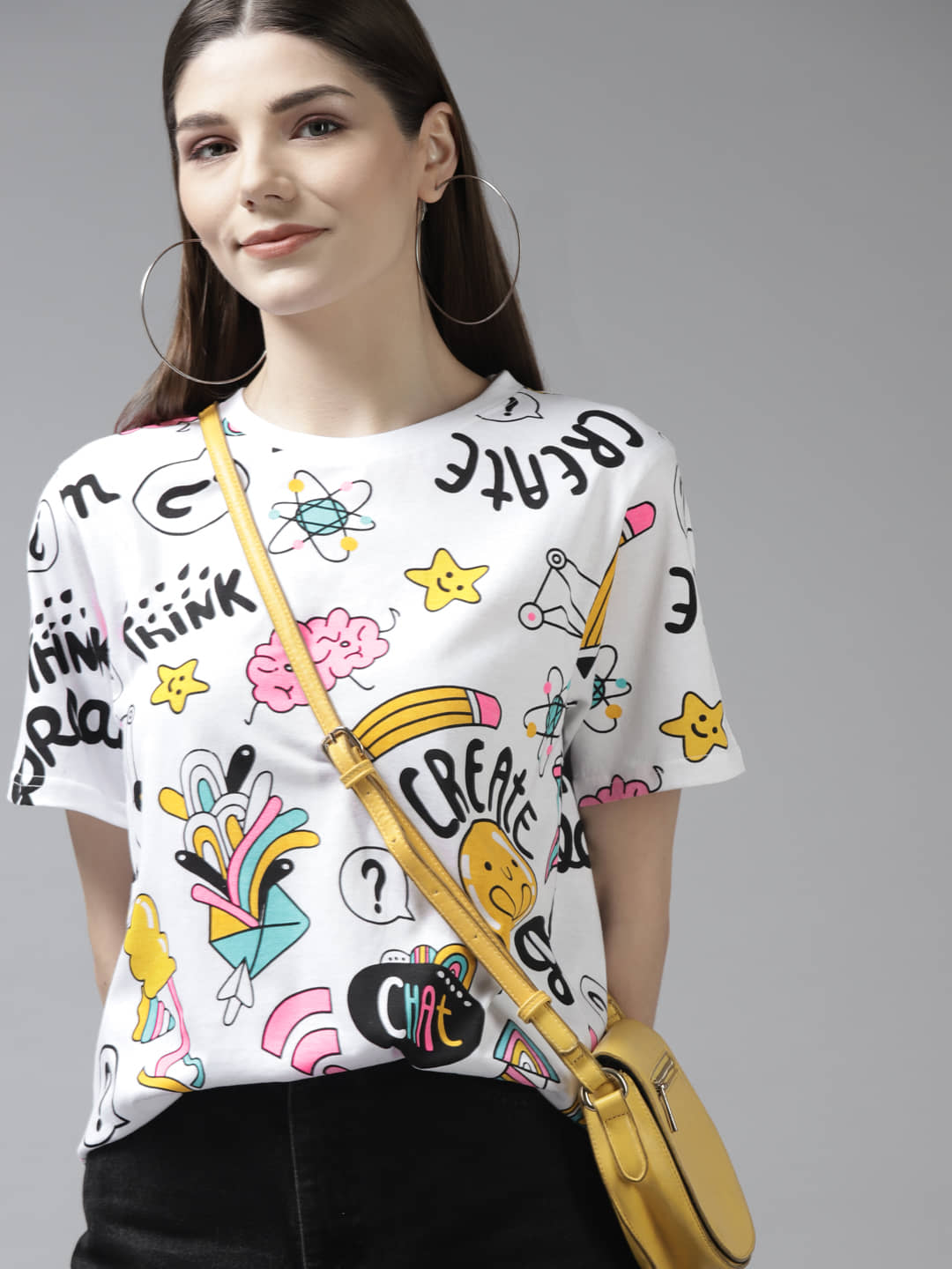 The Dry State Women Cotton Printed Oversized Fit Round Neck T-Shirt ( White )