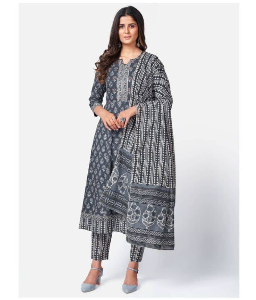 Vbuyz - Light Grey Anarkali Cotton Women's Stitched Salwar Suit ( Pack of 1 )