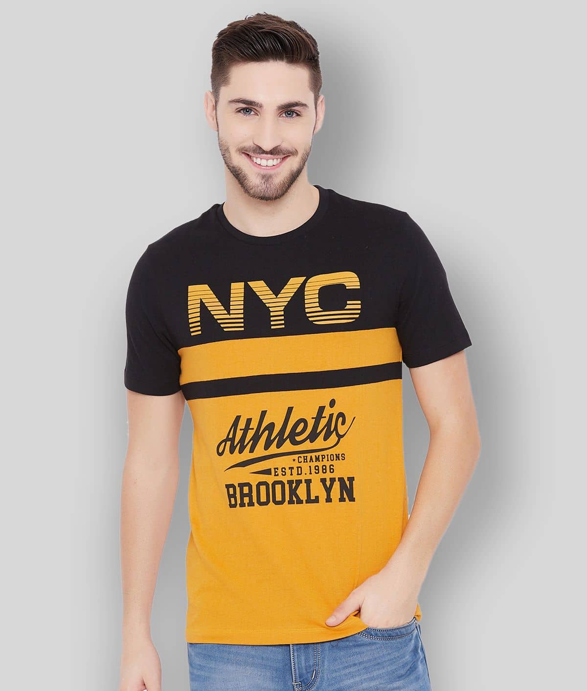 AUSTIN WOOD Pack of 1 Cotton Blend Regular Fit Men's T-Shirt ( Yellow )