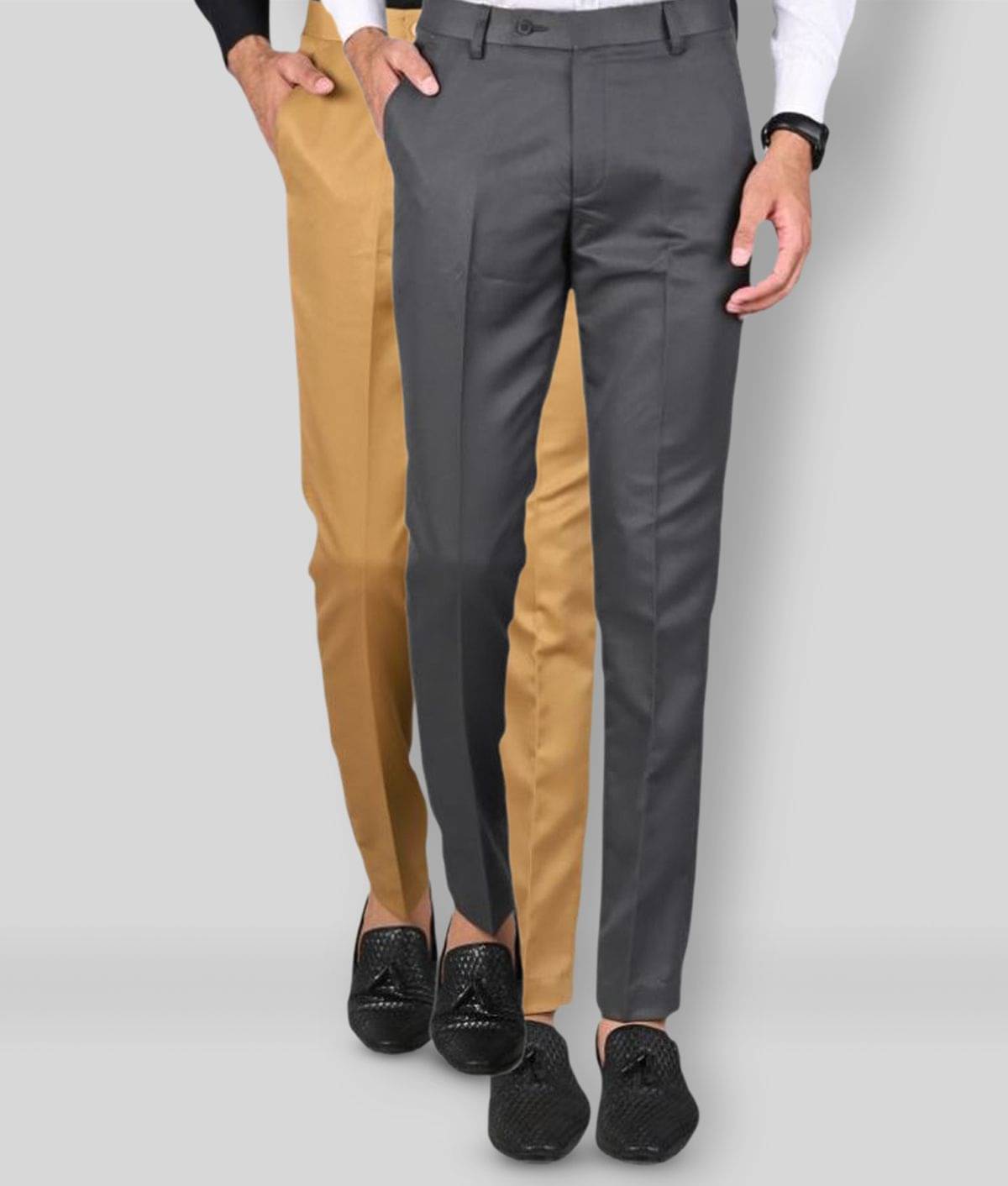     			MANCREW - Khaki Polycotton Slim - Fit Men's Formal Pants ( Pack of 2 )
