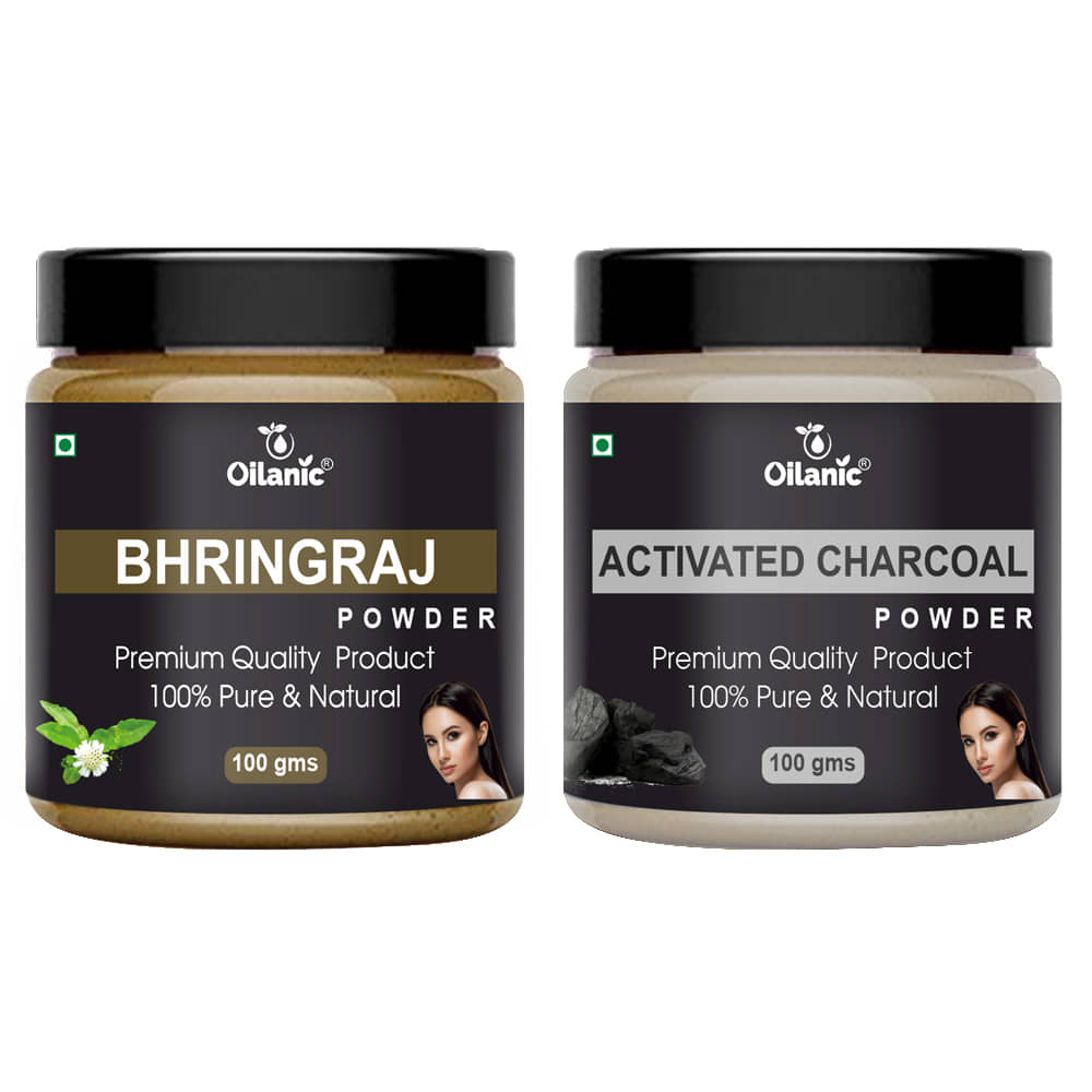 Oilanic 100% Pure Bhringraj Powder & Charcoal Powder For Skincare Hair Mask 200 g Pack of 2