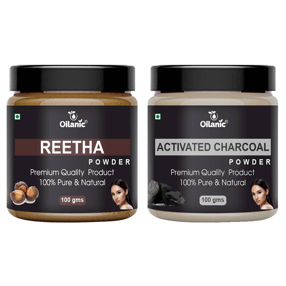 Oilanic 100% Pure Reetha Powder & Charcoal Powder For Skincare Hair Mask 200 g Pack of 2