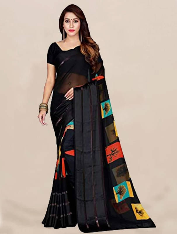     			Sitanjali Georgette Printed Saree With Unstitched Blouse Piece ( Black )